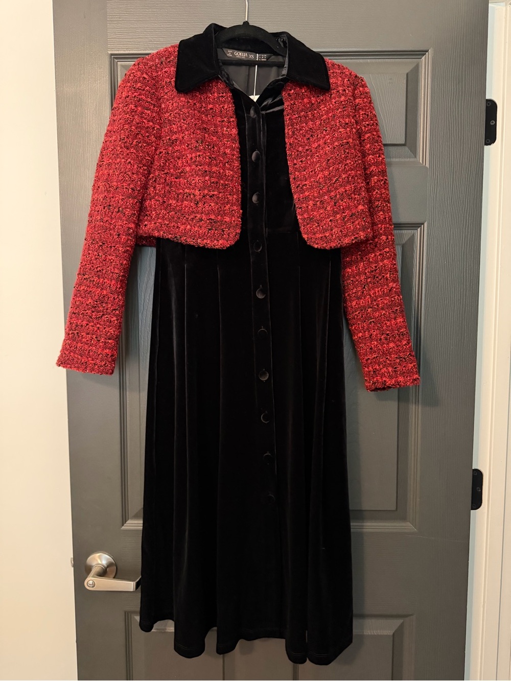 Elegant Black Velvet Long Sleeve Dress with Red Tweed Bolero